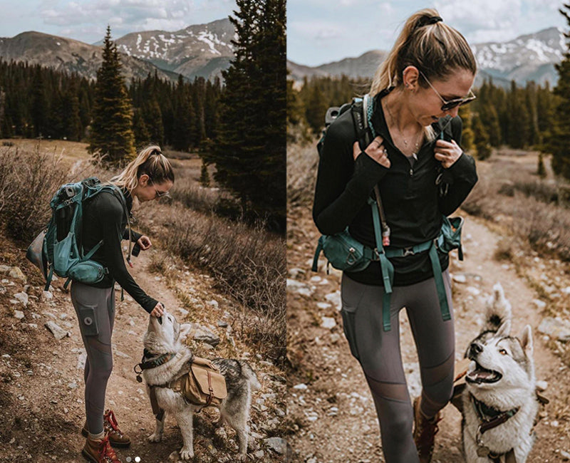 dog and owner hiking while on a backpacking trip in the mountains