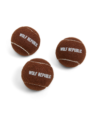 set of three brown tennis balls with logo